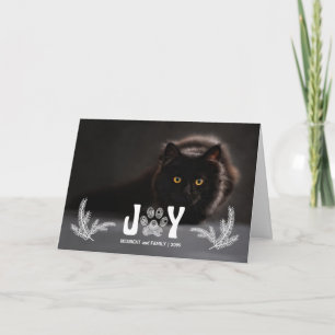Joy Cat Paw Print and Pines Horz Photo Holiday Card