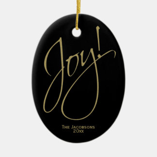 Joy! Chic Minimal Black & Gold Christmas Photo Ceramic Ornament