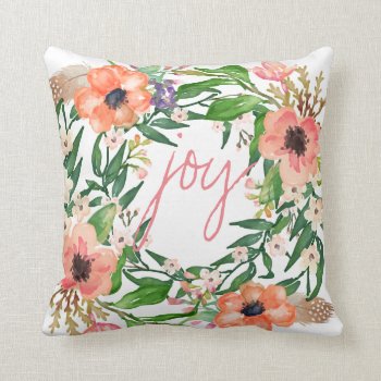Joy Chic Watercolor Floral Wreath Monogram Throw Pillow by Precious_Presents at Zazzle