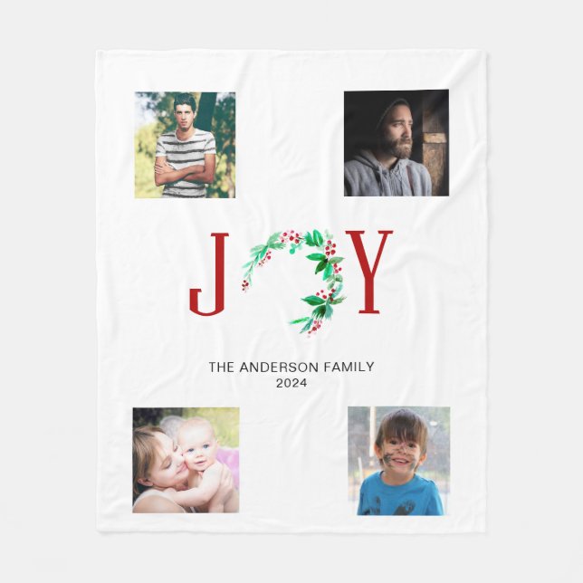 Joy Christmas 4 Photo Collage Family Pictures Fleece Blanket (Front)
