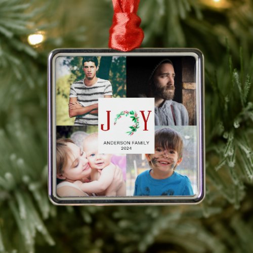 Joy Christmas 4 Photo Collage Family Pictures Metal Ornament