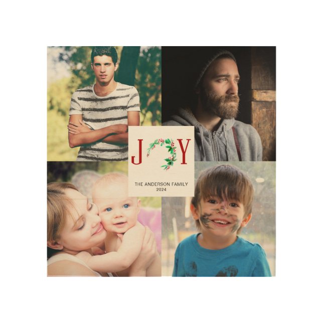 Joy Christmas 4 Photo Collage Family Pictures Wood Wall Art (Front)