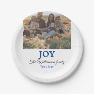 Joy christmas add family name photo holiday giftts paper plates