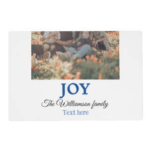 Joy christmas add family name photo holiday giftts placemat