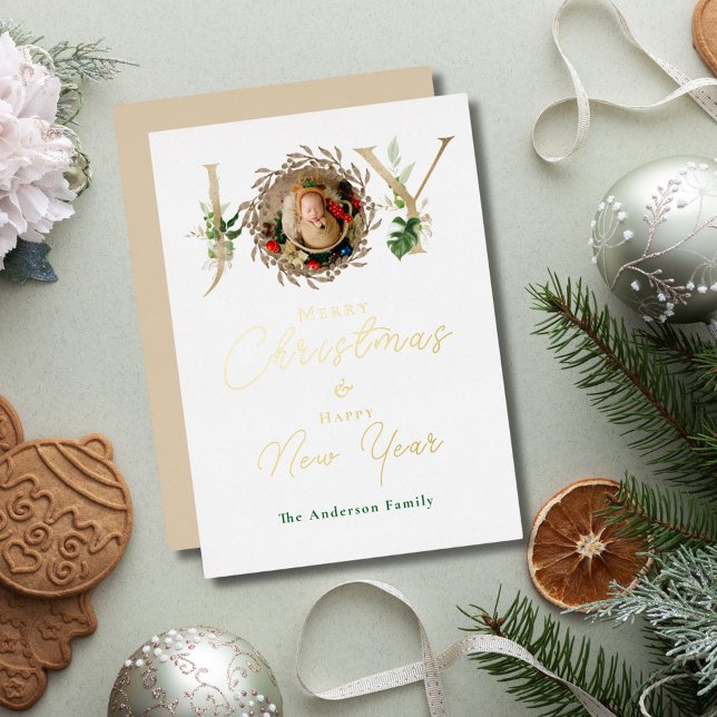 JOY Christmas Baby Photo Tropical Alphabet Foil Holiday Card (Creator Uploaded)