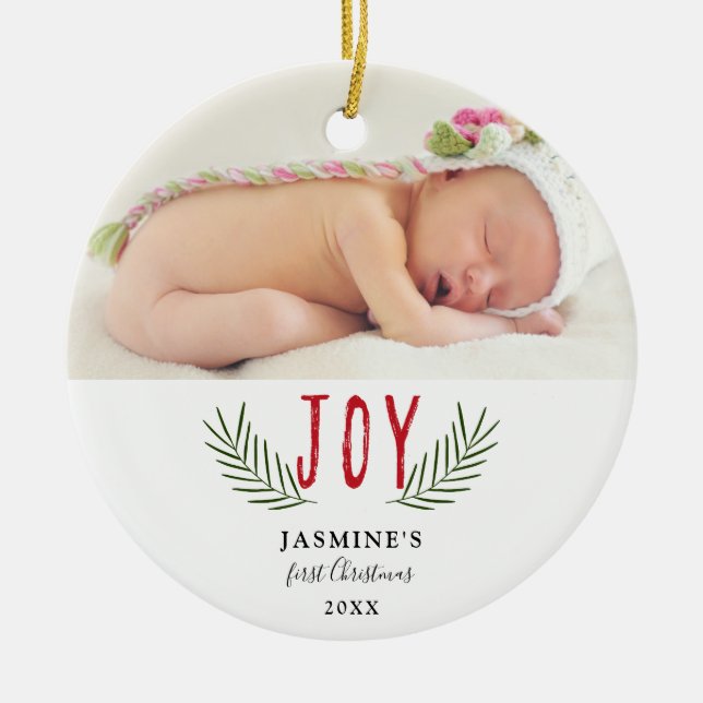 Joy Christmas Baby's First Christmas Photo Elegant Ceramic Ornament (Front)