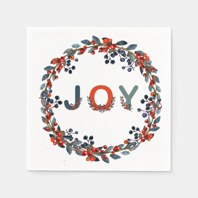 Joy Christmas Berries Wreath Holiday Party Napkins (Front)