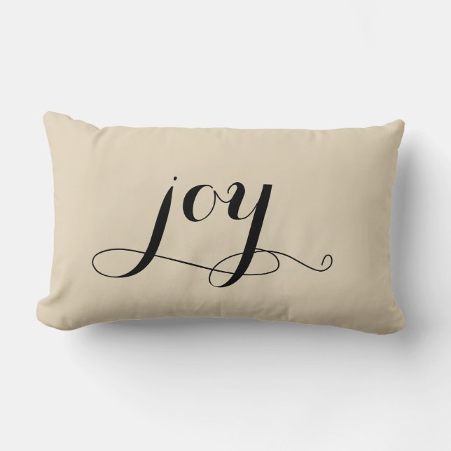 Joy Christmas Black Script Beige Holiday Lumbar Pillow (Front)