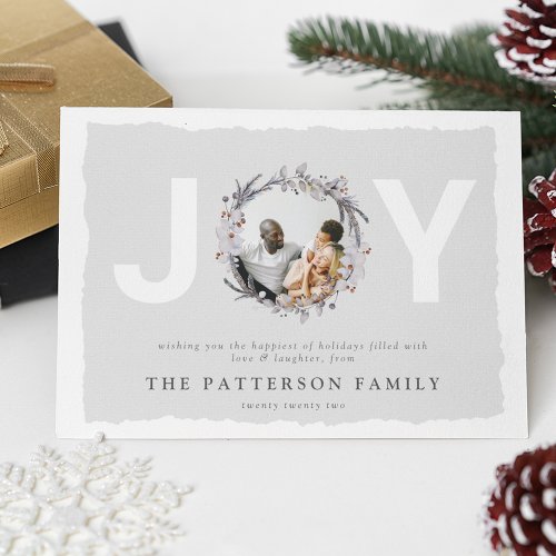 JOY Christmas Botanical Wreath Photo Holiday Card