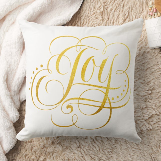 Joy Christmas Calligraphy Lettering Gold Faux Foil Throw Pillow (Blanket)