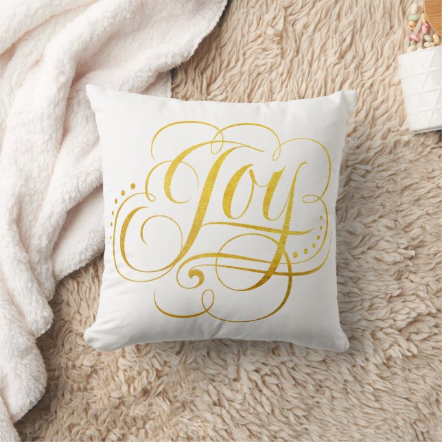 Joy Christmas Calligraphy Lettering Gold Faux Foil Throw Pillow (Blanket)