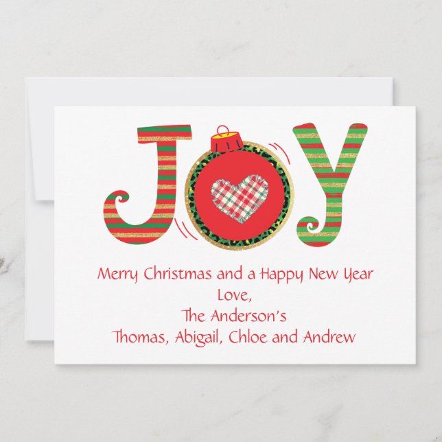 Joy Christmas Card, Red Green Gold Personalize (Front)