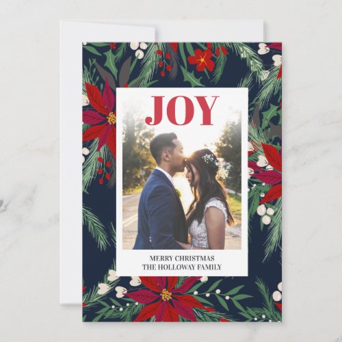 Joy Christmas chic floral poinsettia pattern photo Holiday Card