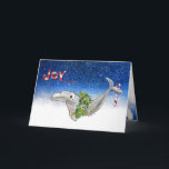 Joy Christmas Dolphin Porpoise of Life Stars Holiday Card<br><div class="desc">This cartoon dolphin has a holiday wreath on for Christmas in a blue ocean of stars. Card reads "Joy" on front And inside "... it's the porpoise of life" Also on the inside is another cute dolphin and the text "Wishing you an ocean of deep delights" "Happy Holidays!". Edit all...</div>
