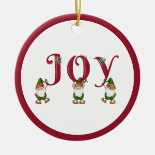 JOY Christmas Elves holding Letters Ceramic Ornament