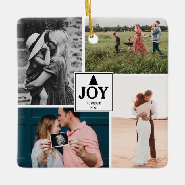 Joy Christmas Family Photo Collage Ceramic Ornament (Front)