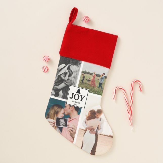 Joy Christmas Family Photo Collage Xmas Stocking (Front)