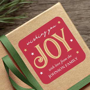 Joy Christmas Festive Typography Custom Name Red Square Sticker