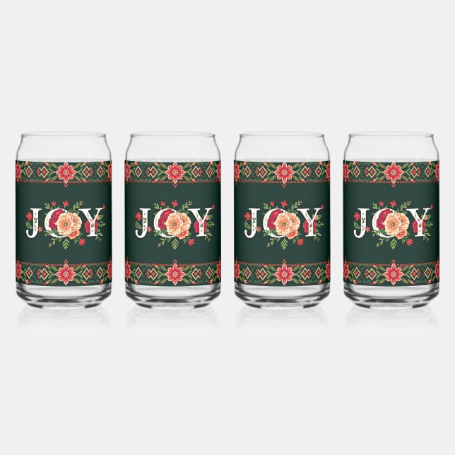 JOY christmas floral border Can Glass (Front)