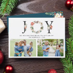 JOY Christmas Floral Wreath Two Photos Collage Holiday Card<br><div class="desc">Spread your greetings of the season with this "JOY Typography Poinsettia Floral Wreath Photo Collage Holiday Card". It's easy to personalize to be uniquely yours. (1) For further customization, please click the "customize further" link and use our design tool to modify this template. (2) If you prefer Thicker papers /...</div>