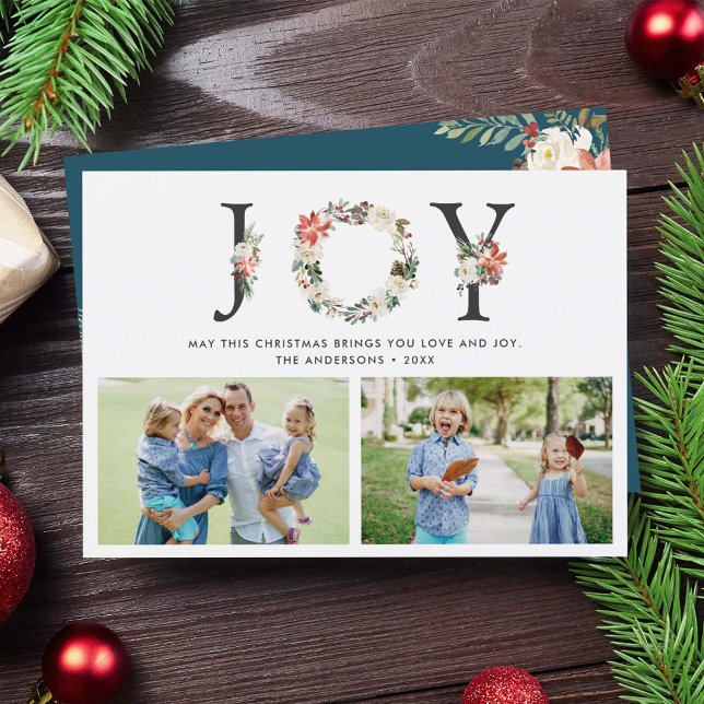 JOY Christmas Floral Wreath Two Photos Collage Holiday Card (Creator Uploaded)