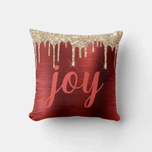 Joy Christmas Glitter Drip Red Metallic Typography Throw Pillow