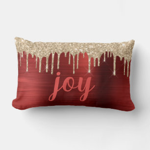 Joy Christmas Glitter Drips Red Metallic  Lumbar Pillow