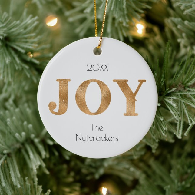 Joy Christmas Gold Typography Photo Ceramic Ornament (Tree)