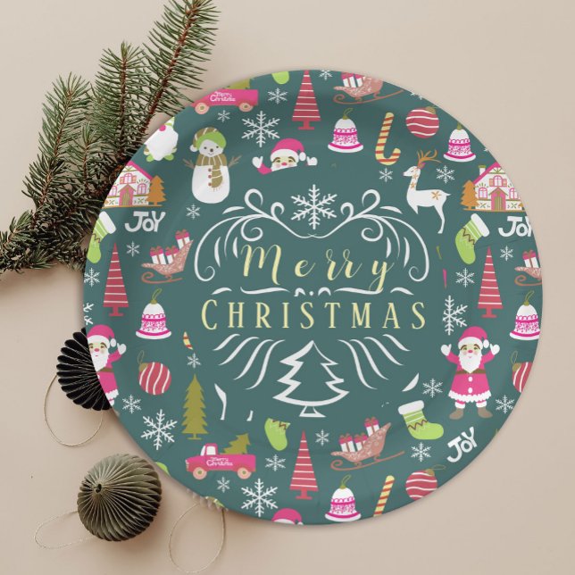 Joy Christmas Green Paper Plates (Cute Christmas joy party plate. )