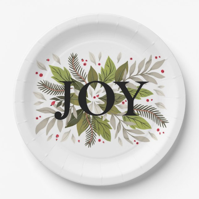 JOY, Christmas Greenery Holiday  Paper Plates (Front)