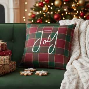Joy Christmas Holiday Red & Green Tartan Pattern Throw Pillow