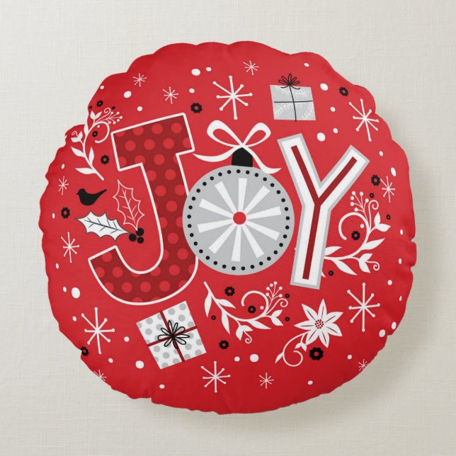 Joy Christmas Holidays Red Festive Winter Round Pillow (Front)