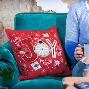 Joy Christmas Holidays Red Festive Winter Throw Pillow