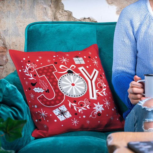 Joy Christmas Holidays Red Festive Winter Throw Pillow