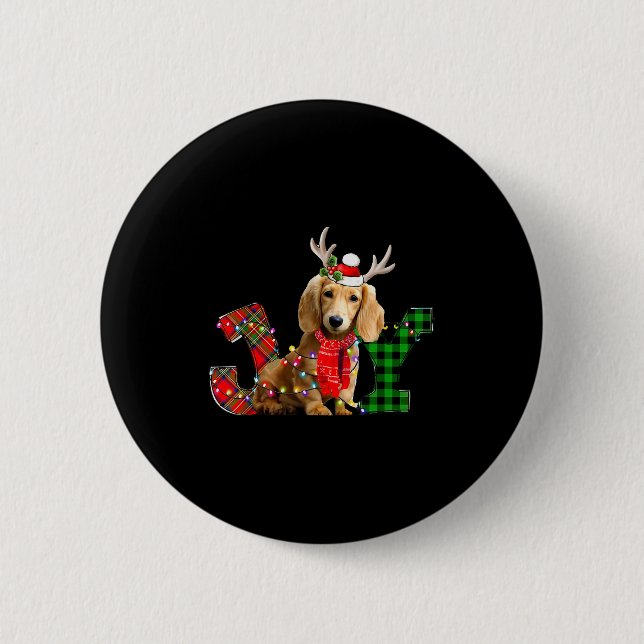 Joy Christmas Lights Long Haired Dachshund Dog San Button (Front)