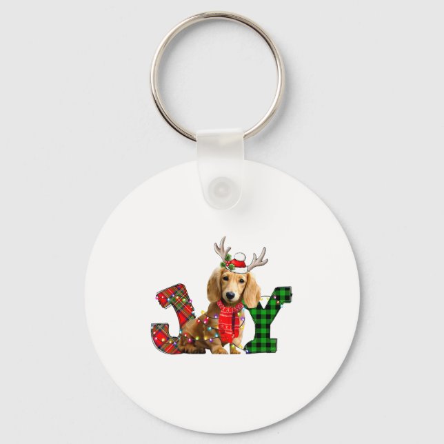 Joy Christmas Lights Long Haired Dachshund Dog San Keychain (Front)