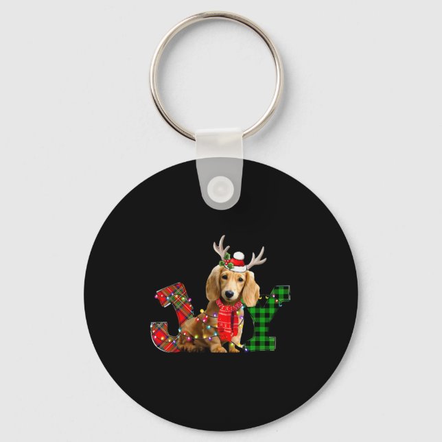 Joy Christmas Lights Long Haired Dachshund Dog San Keychain (Front)