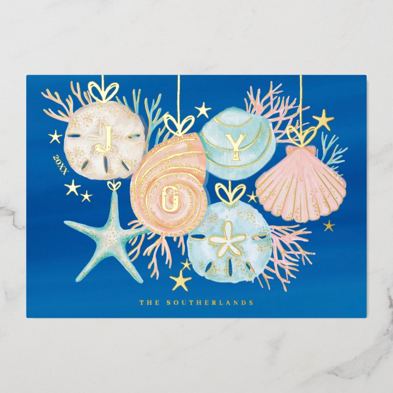 Joy Christmas Ocean Watercolor Seashell Ornaments Foil Holiday Card