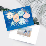 Joy Christmas Ocean Watercolor Seashell Ornaments Holiday Card<br><div class="desc">Who needs snowflakes when you have seashells! Capture a cool nautical casual and coastal vibe this holiday sea-son with our coastal seaside-inspired holiday Christmas collection. We've hand-painted watercolor ocean sand dollars and seashell hanging ornaments with faux gold accents. Beautiful light blue, peach and blush coral create a calm coastal vibe...</div>