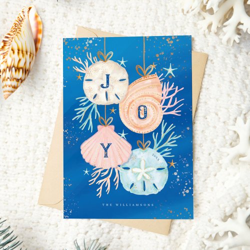 Joy Christmas Ocean Watercolor Seashell Ornaments Holiday Card