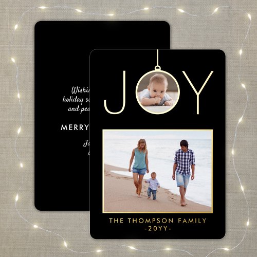 Joy Christmas Ornament 2 Photo Chic Black Modern Foil Holiday Card