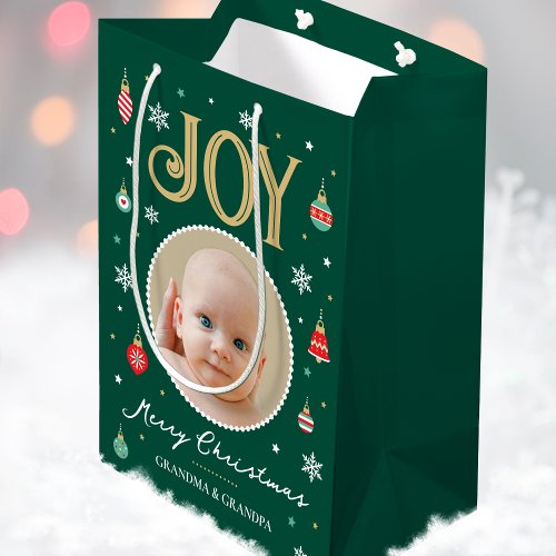 Joy Christmas Ornament Personalized Photo Green Medium Gift Bag