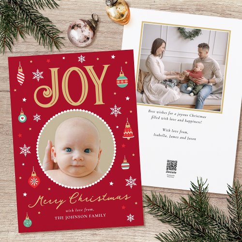 Joy Christmas Ornament Personalized Photo Red Holiday Card