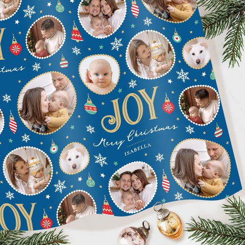 Joy Christmas Ornament Photo Collage Blue Wrapping Paper