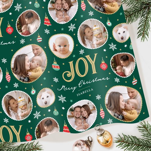 Joy Christmas Ornament Photo Collage Green Wrapping Paper