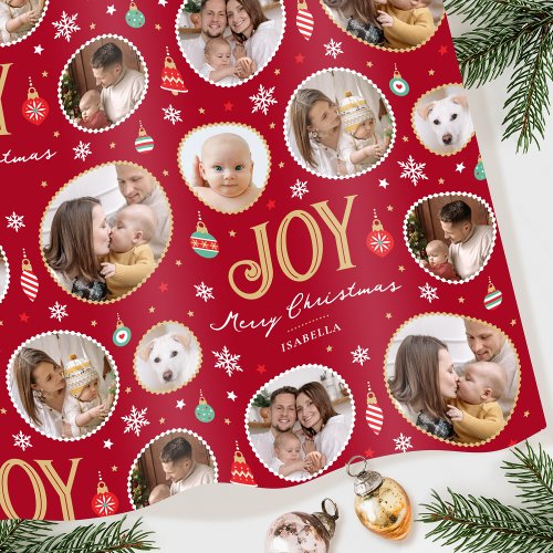 Joy Christmas Ornament Photo Collage Red Wrapping Paper