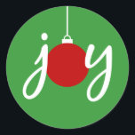 Joy Christmas Ornament Stickers<br><div class="desc">Joy with red Christmas ornament "o" on green background</div>