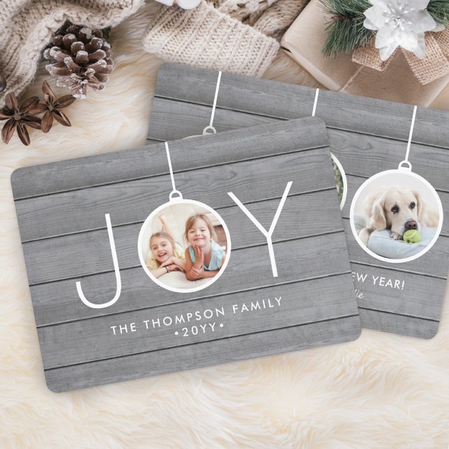 Joy Christmas Ornaments Simple Gray Wood 4 Photo Holiday Card (Creator Uploaded)