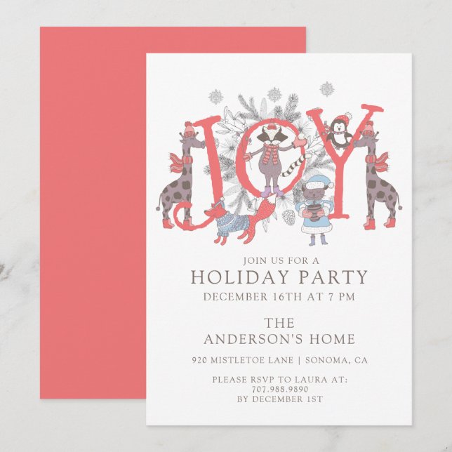 Joy Christmas Party Animals Holiday Party Invitati Invitation (Front/Back)