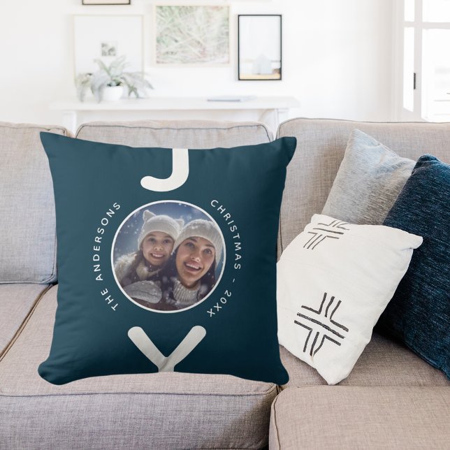 Joy Christmas photo blue white simple minimalist Throw Pillow (Creator Uploaded)